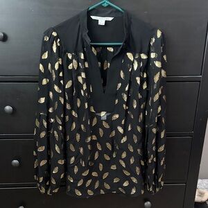 Diane Von Furstenberg Black and Gold Leaf Blouse